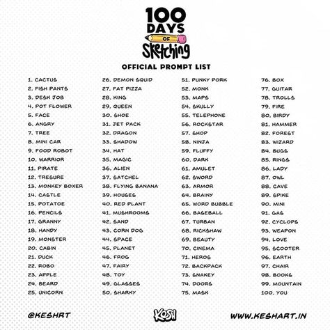 The official Prompt list for '100 Days of Sketching' starting MAY 1st. And the video for this launches tommorow at 5 PM IST.on my YouTube… Sketch Everyday, Faces Anatomy, Sketching Challenge, 30 Day Art Challenge, Art Journal Challenge, 30 Day Drawing Challenge, Prompt List, Journal Challenge, Art Journal Prompts