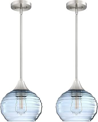 RAINLIGHTING 2 Pack 1 Light Kitchen Island Hanging Pendant Light Farmhouse Dining 7.3" Blue Glass Shade Light Fixture,Brushed Nickel Finish for Bathroom Over Sink Bedroom Sink Bedroom, Pendant Light Farmhouse, Kitchen Island Hanging, Blue Pendant Light, Over Sink, Farmhouse Pendant Lighting, Light Kitchen Island, Hanging Pendant Light, Light Kitchen