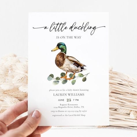 Little Duckling Is On The Way Duck Baby Shower Invitation A Little Duckling Is On The Way, Vintage Duck Baby Shower Theme, Duck Theme Baby Shower Ideas, Little Duckling Baby Shower Theme, Duckling Baby Shower Theme, Mallard Duck Baby Shower Ideas, Unique Baby Shower Themes For Boys, Duck Gender Reveal Party, Duck Themed Baby Shower Ideas