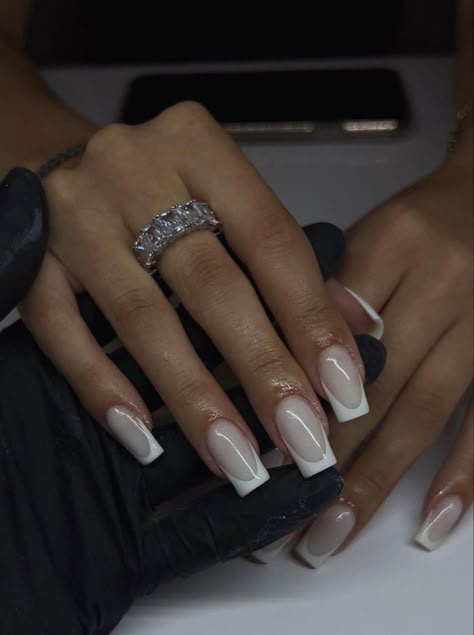 Square Nails Natural Classy, White Nails Black French Tip, White And Grey French Nails, Clean Nail Inspiration, Square Milky French Nails, White French On Milky White, White French On White Nails, Square Acrylic Nails White Tip, White French With Black Line