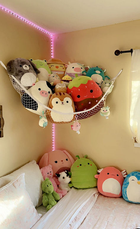 Stuffed Animal Storage Hammock, Net Organizer, Toy Storage, Cute Plushie Holder, Room Bedroom Decor Corner Hammock For Stuffed Animals, Nets For Stuffed Animals, Stuffed Animal Storage Ideas For Adults, Stuffed Toys Aesthetic Room, Stuffed Toy Storage Ideas, Stuffed Toys Storage Ideas, Big Stuffed Animal Storage, Net For Plushies, Room Decor Plushies