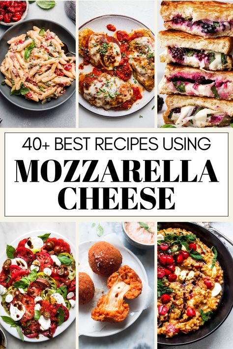 Mozzarella recipes are sure to please. Here’s a look at 40+ of the most delicious mozzarella recipes from around the world! Appetizers Using Mozzarella Cheese, Mozzarella And Basil Recipes, Mozzarella Lunch Ideas, Mozzarella Shredded Cheese Recipes, Mozzarella Keto Recipes, Whole Mozzarella Recipes, Dinner With Fresh Mozzarella, Healthy Recipes With Mozzarella Cheese, Marinated Mozzarella Balls Uses