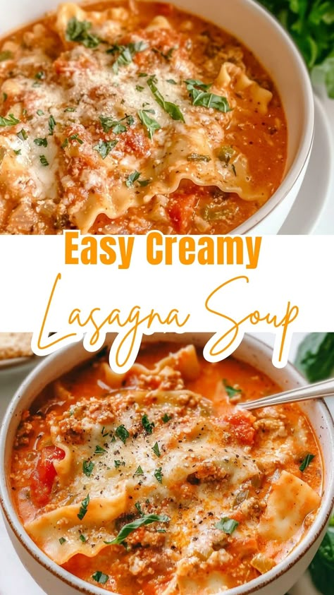 Easy Creamy Lasagna Soup Easy Lasagna Soup Recipe Simple, Lasagne Soup Recipe, Creamy Lasagna Soup, Crockpot Lasagna Soup Recipe, Creamy Lasagna, Lasagne Soup, Lasagna Soup Crockpot, Easy Lasagna Soup, Dinners Under 500 Calories