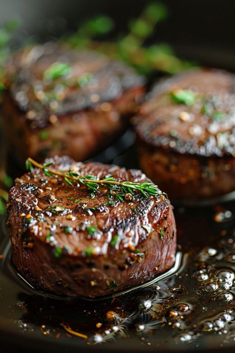 Grilled steak medallions garnished with fresh herbs. Best Steak Cast Iron Skillet, How To Cook A Perfect Steak On The Stove, How To Cook The Perfect Filet Mignon, Filet Mignon Recipes Iron Skillet, Marinated Filet Mignon, Filet Cast Iron Skillet, Steak In A Skillet How To Cook, Filet Mignon Seasoning, Seared Filet Mignon Cast Iron Skillet