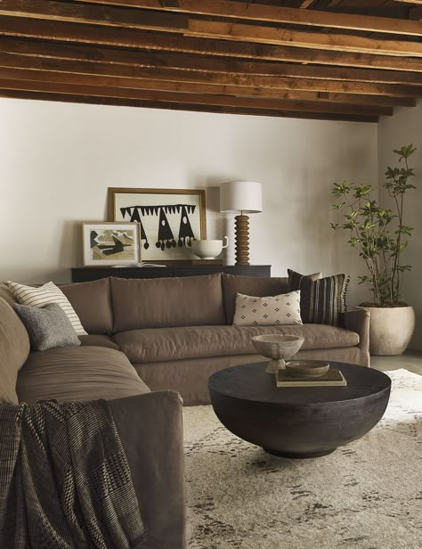 Leio Round Coffee Table Lake Eerie, Coffee Corner Aesthetic, Corner Aesthetic, Moody Living Room, Brown Couch Living Room, Brown Sectional, Corner Sectional Sofa, Brown Couch, Coffee Corner