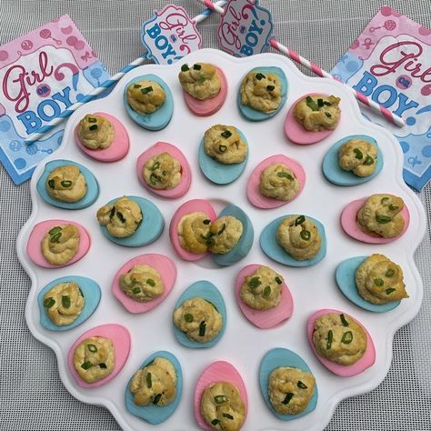 Gender Reveal Deviled Eggs Recipe, Pink And Blue Deviled Eggs Gender Reveal, Gender Reveal Deviled Eggs, Gender Reveal Easter, Easter Egg Gender Reveal, Gender Reveal Appetizers, Easter Gender Reveal Party, Easter Gender Reveal, Easter Egg Stuffers