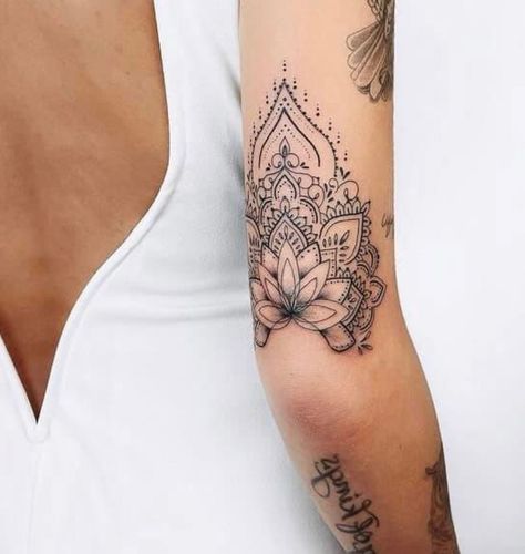 Back Of Arm Tattoo Women Mandala, Mandala Tattoo Above Elbow, Back Of Lower Arm Tattoo, Pretty Elbow Tattoos For Women, Back Bicep Tattoos For Women, Above Inner Elbow Tattoos For Women, Women’s Elbow Tattoos, Small Mandala Tattoo For Women, Below Elbow Tattoo Women