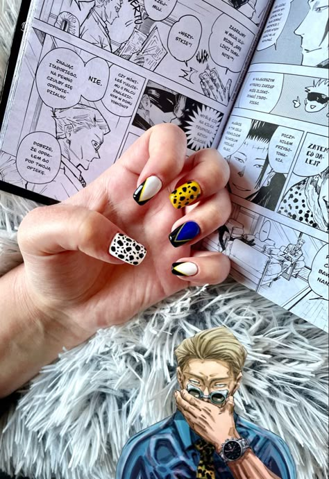 #jujutsu #jujutsukaisen #jujutsunails #nanami #nails #animenails #anime Anime Nails Almond Shape, Almond Anime Nails, Nanami Kento Nails Art, Anime Themed Nails Acrylic, Anime Nails Designs Simple, Jjk Themed Nails, Nanami Kento Nails, Anime Gel Nails, Jojo Inspired Nails