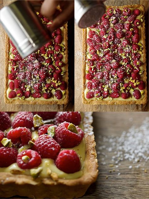 Italian Summer Desserts, Pistachio Baking, Pistachio Tart, Tart Raspberry, Raspberry Pistachio, Dessert Light, Raspberry Tarts, Dusting Powder, Powder Sugar