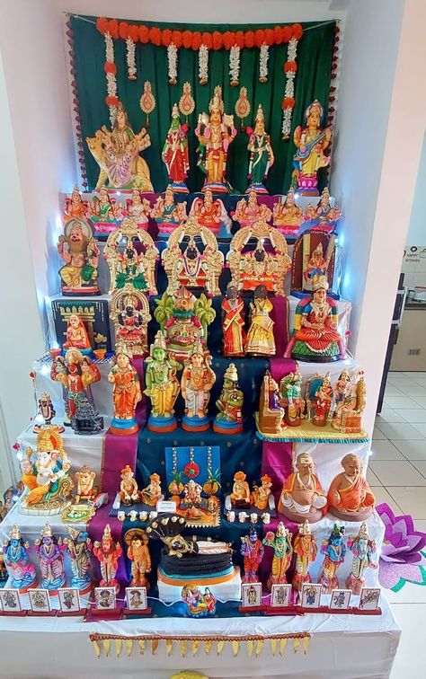 Navaratri or Golu is a festival spanning nine days. Dussera is one of my favorite festivals ever since my childhood. I have been setting up golu for the last 5 yrs. I take a lot of pride in that. I will take a lot of effort to store these dolls in a safe place and try to reuse some of the handmade stuff next year. I ensure to utilize the space available at home. So, please take a virtual tour of my golu and most of them are handmade and theme based. Golu Themes, Navaratri Golu, Bommala Koluvu, Pooja Decor, Goddess Decor, Happy Kitchen, My First Year, Odd Numbers, Puja Room