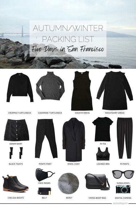 Long Weekend Packing List, San Francisco Packing List, San Francisco Winter, Long Weekend Packing, San Diego Outfits, Personal Item Packing, Weekend Packing List, Vacation Outfit Inspiration, Weekend In San Francisco