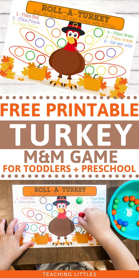 Use this free printable roll-a-turkey game for your preschoolers and young children on Thanksgiving for learning and fine motor skills Thanksgiving Game For Preschool, Thanksgiving Classroom Games 1st Grade, Preschool Thanksgiving Party Games, Fun Thanksgiving Activities For Toddlers, Roll A Turkey Dice Game Free Printable, Thanksgiving Life Skills Activities, Turkey Sensory Activities, Turkey Games Preschool, Roll A Turkey