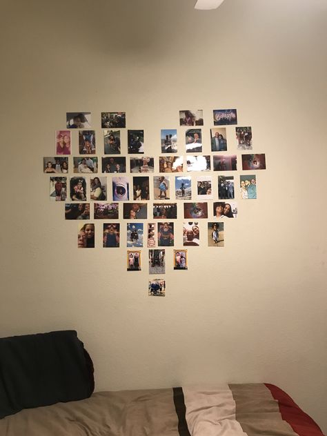 Picture Collage Wall Heart, Hart Photo Wall, Pic Heart Collage, Heart Wall Decor With Pictures, Photo Wall Collage Bedroom Heart, Cute Way To Put Pictures On Wall, Heart Pic Collage On Wall, Pictures In A Heart Shape, Heart Shaped Wall Collage