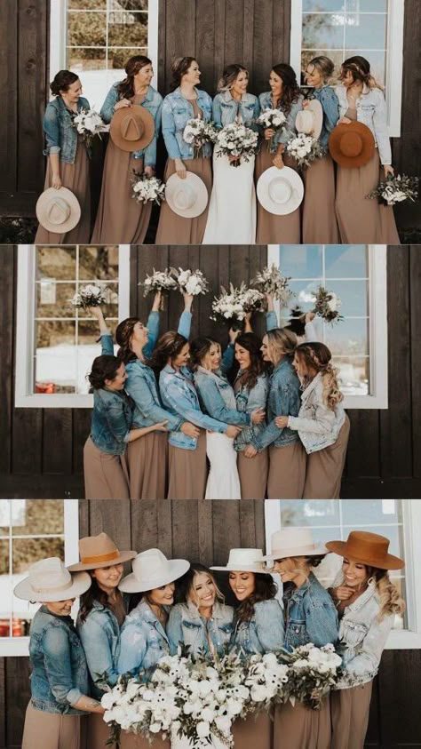 Cowboy Bridesmaid Dresses, Country Wedding Bridal Party Attire, Rustic Country Bridesmaid Dresses, Cowgirl Wedding Dress With Boots Bridesmaid, Bridesmaid Country Dresses, Bridesmaid Dresses With Jean Jackets, Western Boho Bridesmaid Dress, Bridesmaid Western Dresses, Bridesmaid With Cowboy Boots