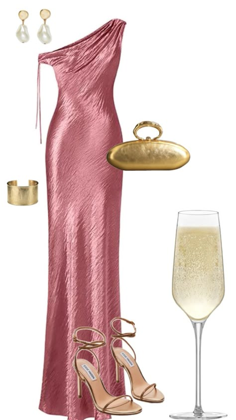 Pink long dress, gold heels, gold bag, gold big bracelets