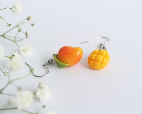 Fruit Clay Earrings, Mango Earrings, Fruit Keychain, Deer Cartoon, Mango Fruit, Clay Crafts Air Dry, Cute Miniature, Food Earrings, Fruit Earrings