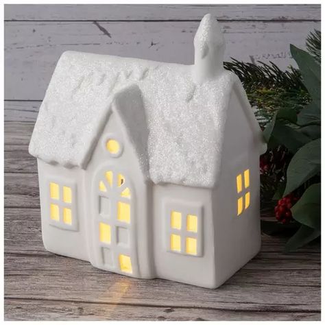 White Light Up House | Hobby Lobby | 5334313 Ceramic Houses Christmas, White Christmas Village, Angled Roof, Glitter House, Snowy Village, Beautiful Birdhouses, Christmas Cutouts, House Lights, Christmas Shower Curtains