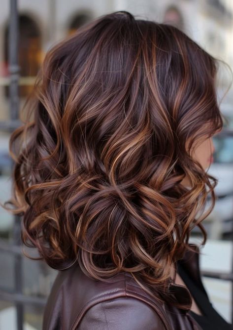 Chocolate Brown Hair With Brown Highlights, Chocolate With Highlights Hair, Dark Brown And Red Highlights, Highlight Light Brown Hair, Brown Hair Cinnamon Highlights, Black Hair Light Highlights, Color To Hide Gray Hair Dark Brown, Dark And Copper Hair, Chocolate Hair With Red Highlights