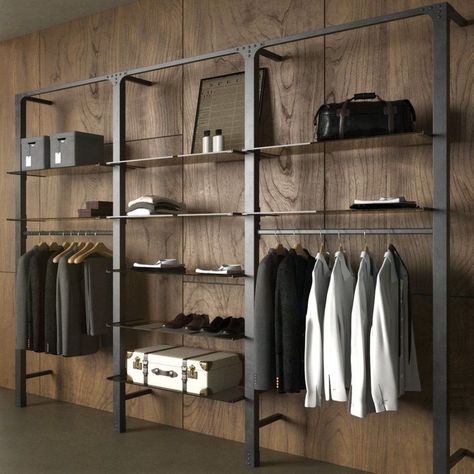 Industrial Wardrobe, Shop Shelving, Dressing Room Closet, Brooklyn Style, Open Closet, Retail Shelving, Bedroom Closet Design, Shelving Systems, Wall Systems