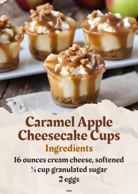 Carmel Desserts, Cheesecake Cups Recipe, Dessert Shooters Recipes, Caramel Apple Desserts, Cheesecake Desserts Recipes, Pecan Sandies, Dessert Cups Recipes, Mini Dessert Cups, Mini Cheesecake Recipes