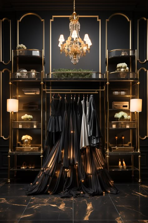 Black Closet Ideas Walk In, Dark Moody Closet, Black And Gold Closet, Gold Walk In Closet, Black And Gold Wardrobe, Preppy College Outfits, Walk In Closet Luxury, Lingerie Store Design, Dior Closet