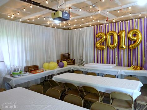 Graduation Party Ideas | Garage Party - A Wonderful Thought Garage Party Ideas, Garage Party Decorations, Tablecloth Backdrop, Backyard Graduation Party, Graduation Open House, Graduation Party High, Garage Party, Senior Graduation Party, Graduation Open Houses