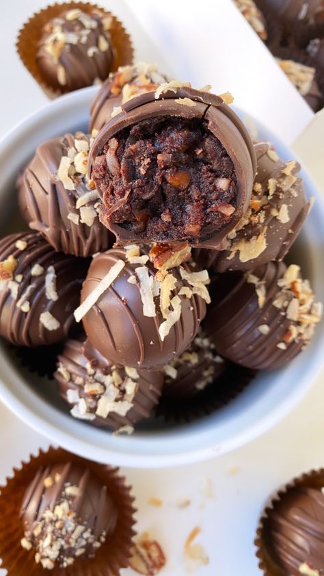 German Chocolate Cake Balls | Cookies & Calligraphy German Chocolate Cake Bites, German Chocolate Cake Balls, Chocolate Cake Balls, German Chocolate Cake Cookies, Box Cookies, Chocolate Cake Pops, Bee Sweet, Candy Man, Coconut Pecan