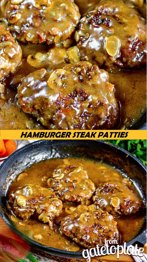 Hamburger Steak Patties - From Gate To Plate Baked Hamburger Patties, Baked Hamburgers, Beef Patties Recipes, Hamburger Steak Recipes, Hamburger Steak And Gravy, Hamburger Recipes Patty, Swiss Steak Recipes, Hamburger Steaks, Cube Steak Recipes