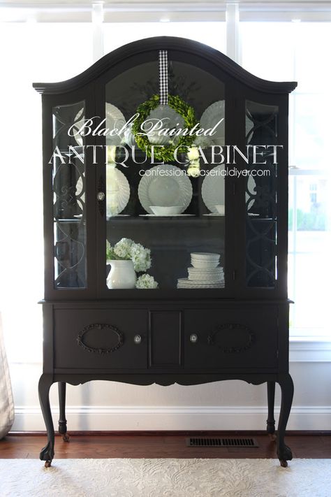 Black Painted Antique China Cabinet Paint China Cabinet, Provincial Dresser Makeover, Coastal Dresser, French Provincial Dresser Makeover, Vintage China Cabinet, Farmhouse Thrift Store Makeovers, Bar Stool Makeover, Hutch Furniture, Painted Hutch