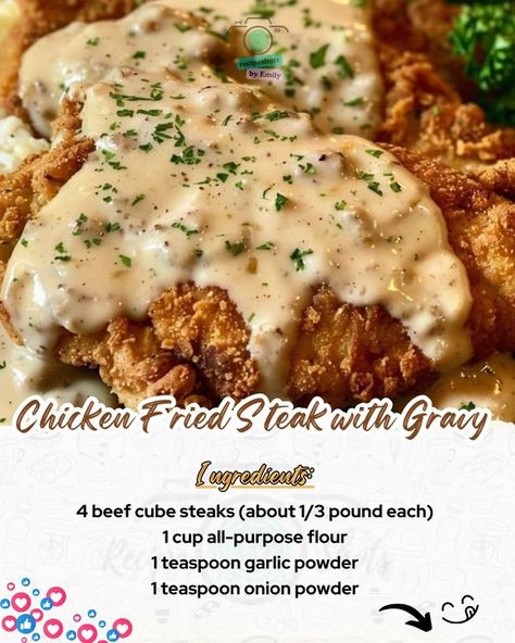 Emily Recipes | 🥩🍴 Chicken Fried Steak with Creamy Gravy: A Southern Comfort Classic Chicken Fried Steak Pioneer Woman, Southern Chicken Fried Steak, Emily Recipes, Beef Cubed Steak, Cube Steaks, Brown Gravy Recipe, Chicken Fried Steak Recipe, Steak Diane, Bbq Pork Recipes