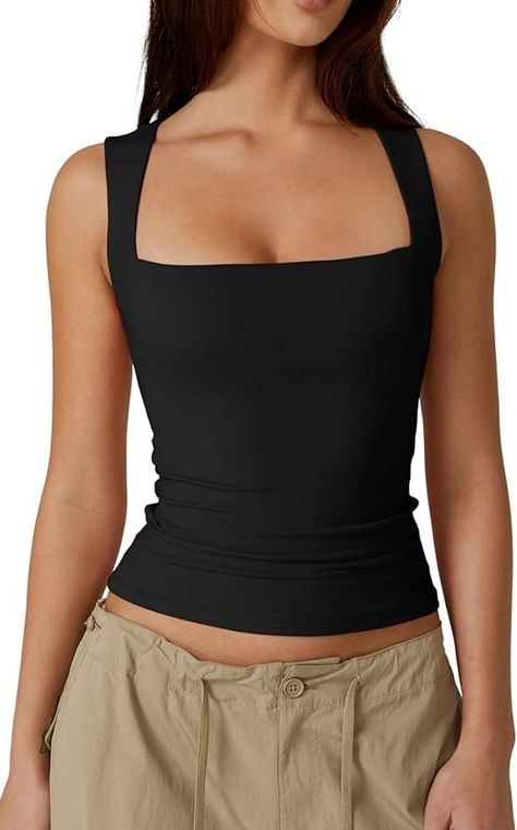 QINSEN Women's Square Neck Sleeveless Double-Layer Tank Tops Basic Tight T Shirts Black M at Amazon Women’s Clothing store Basic Black Top Outfit, Black Sleeveless Top Outfit, Square Tank Top, Sleeveless Top Outfit, Double Layer Tank Top, Tight Tank Top, Amazon Basics, Black Sleeveless Top, Square Neck Top