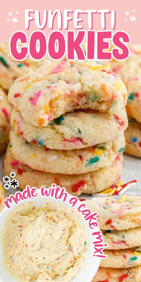 Easy Funfetti cake mix cookies are made with 5 simple ingredients, have a chewy center, and are packed with fun colorful sprinkles. Funfetti Cake Box Cookies, Confetti Box Cake Mix Hacks, Confetti Cake Mix Recipes, Cake Batter Cookies Easy, Cake Mix Cookies Funfetti, Confetti Desserts, Fun Fetti Cake Recipe, Cookies Using Cake Mix Boxes, Confetti Cake Mix Cookies