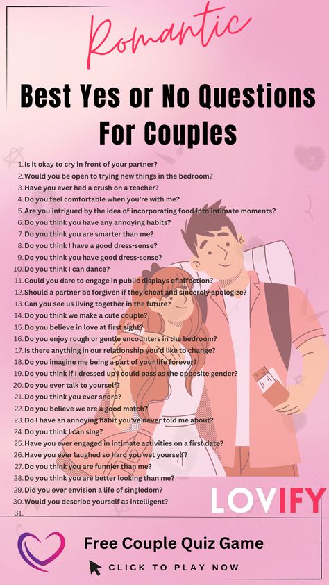 Prepare to be amazed by the simplicity and depth of these yes or no questions designed to strengthen your bond with your partner! 🤩💑 From uncovering hidden preferences to exploring shared values, these questions will ignite a whole new level of understanding and connection! 🔥❤️ #CoupleQuizTime #RelationshipRevelations #YesOrNoBonding #CoupleConnectionQuestions #IntimateInterrogations Fun Relationship Questions, Question Games For Couples, Couple Quiz, Fun Relationship, Boyfriend Questions, Things To Do With Your Boyfriend, Couples Quiz, Text Conversation Starters, Intimate Questions