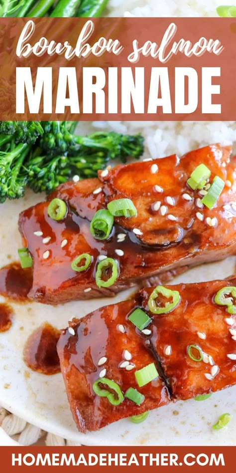 Savor the rich flavor of salmon glazed in brown sugar & bourbon. This easy bourbon salmon marinade creates a simple yet luxurious dish! Salmon Recipes Brown Sugar, Salmon Marinade Recipes, Bourbon Salmon, Bourbon Glazed Salmon, Crusted Salmon Recipes, Fish Marinade, Salmon Marinade, Bourbon Sauce, Bourbon Glaze