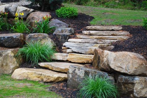 Rock wall and steps by Grasshopper Landscaping in Gansevoort Stone Garden Paths, Garden Stairs, Hillside Landscaping, Sloped Garden, Garden Steps, Rock Garden Landscaping, Stone Path, Landscaping With Rocks, Raised Garden