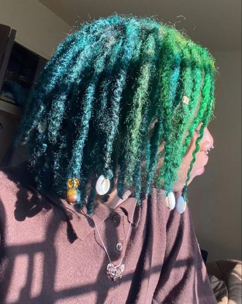 Green And Blue Locs Black Women, Locs Hairstyles For Women Color, Blue And Green Locs, Colorful Locs Black Women, Dark Green Locs, Blue Locs Black Women, Green Natural Hair, Dyed Locs Black Women, Colored Locs Black Women