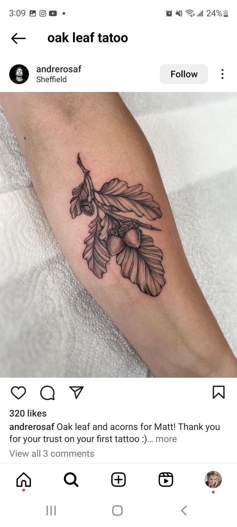 Oak Leaves And Acorns Tattoo, Oak Tree Leaves Tattoo, Oak Acorn Tattoo, Oak Leaf And Acorn Drawing, Autumnal Tattoo Ideas, Ash Leaves Tattoo, Live Oak Tattoo, Acorn Tattoo Meaning, Oak Leaf And Acorn Tattoo