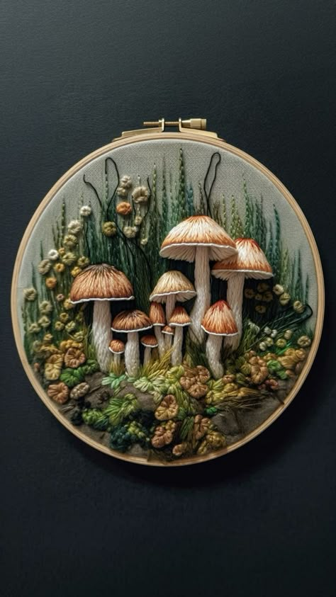 Mushroom Cross Stitch, Cottagecore Embroidery, Beginner Hand Embroidery, Embroidery Stitches Beginner, Hand Embroidery Projects, Needlework Embroidery, Sewing Embroidery Designs, Mushroom Art, Hand Embroidery Art