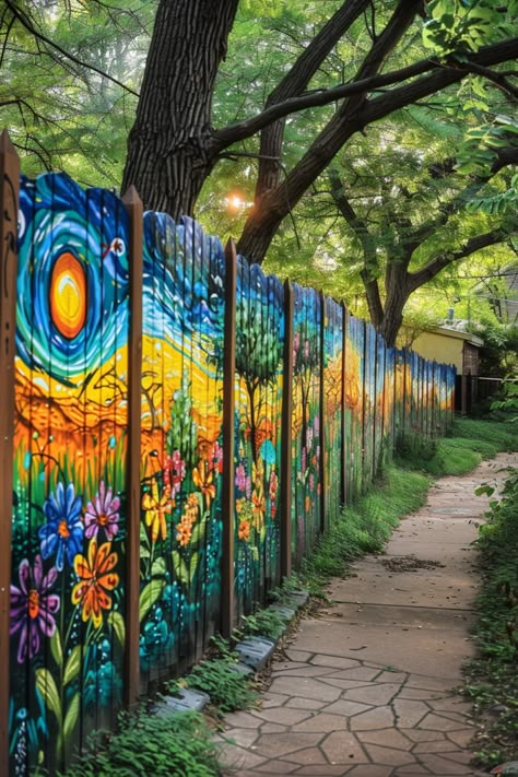 Paint Fence Ideas Backyards, Mural Fence, Fence Mural Ideas, Fence Murals, Wall Charm, Hippie House, Privacy Fence Ideas, Garden Fence Art, Fence Options