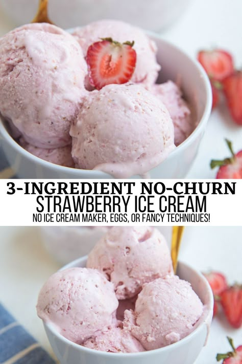 Easy 3-Ingredient No-Churn Strawberry Ice Cream - no ice cream maker, eggs, high fructose corn syrup, or fancy techniques! All you need is a blender and three basic ingredients to make this amazing rich and creamy strawberry ice cream. #icecream #strawberries #dessert #nobake Homemade Strawberry Ice Cream No Eggs, Frozen Strawberry Ice Cream Healthy, Strawberry Ice Cream No Eggs, Strawberry Ice Cream Recipe No Churn, 3 Ingredient No Churn Ice Cream, Strawberry No Churn Ice Cream, Strawberry Almond Milk Ice Cream, Fresh Strawberry Ice Cream Recipes, What To Do With Soft Strawberries