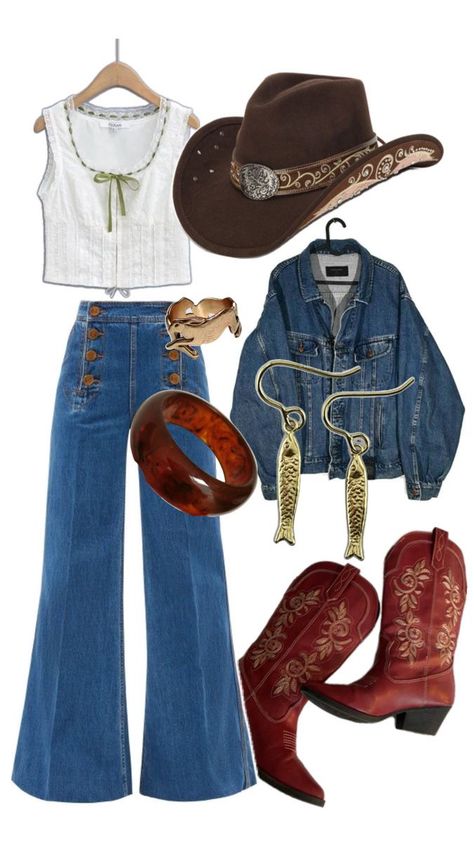 Western Outfits Bell Bottoms, 70 Western Fashion, 1970s Country Fashion, Yellow Stone Outfits, Aesthetic Outfits With Cowgirl Boots, 80s Cowboy Boots Outfit, Disco Cowgirl Outfit Winter, Western Outfit Concert, Western Outfits Women Nfr