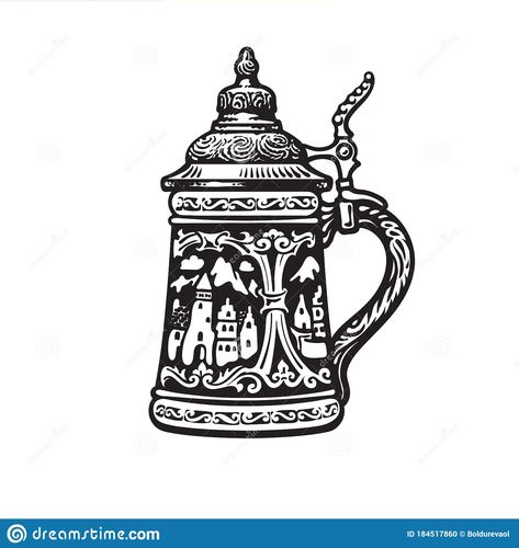 German Stein Tattoo, Beer Stein Tattoo, Bar Pub Design, City Vector Illustration, Germany Tattoo, Beer Tattoos, Dan Carter, German Beer Mug, Oktoberfest Shirt