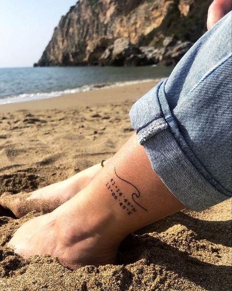 Coordinates Tattoo Wave, Wave Tattoo With Coordinates, Coordinates Tattoo With Wave, Beach Love Tattoo, Beach Coordinates Tattoo, Florida Themed Tattoos, Vacation Tattoo Ideas, Travel Tattoo Ideas For Women, Sun And Ocean Tattoo