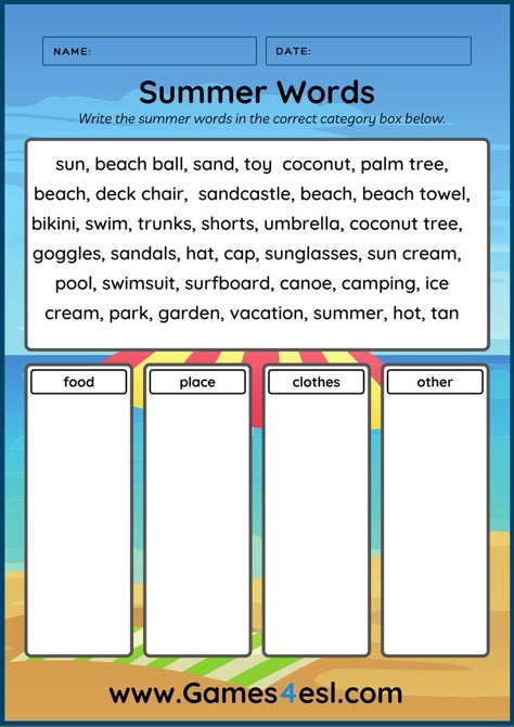 This summer worksheet is great for teaching summer words in English. There are many summer words and students should read the words and write them in the correct catergory box. Download this summer worksheet for free and use it in class today. Summer Vocabulary Activities, Summer Esl Worksheet, What I Did This Summer Printable, English Summer Camp Activities, Summer Reading Worksheets, Summer Camp Worksheets, English Camp Activities, Summer English Worksheet, Summer Vocabulary Worksheet