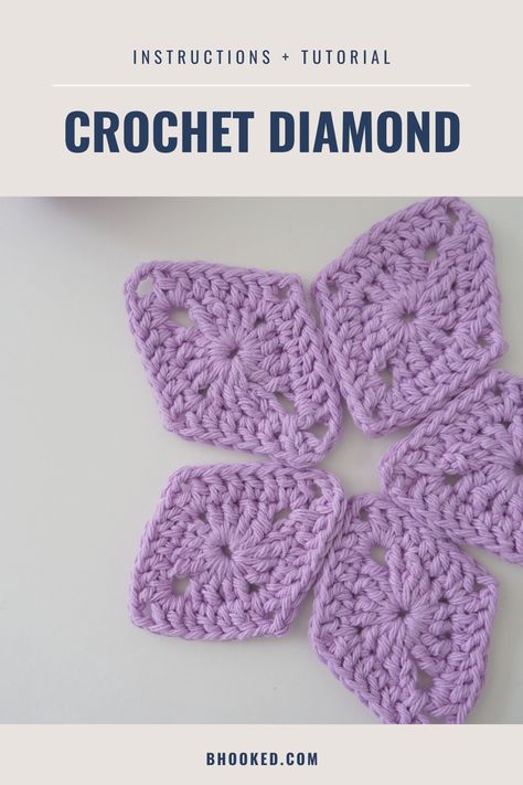 In this tutorial we'll show you how to crochet a diamond, a great motif to create unique shapes or fill the gaps on some of your other motif projects.  #BHooked #Crochet #FreeCrochetPattern Crochet Diamond Pattern, Crochet Triangles, Crochet Diamond, Crochet Shapes, Crocheted Squares, Square Crochet Pattern, Crochet Motif Patterns, Crochet Triangle, Crochet Hexagon