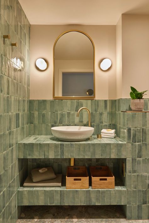 https://www.claybrookstudio.co.uk/fellini-pianta-gloss.html Zellige Tile Bathroom Wall, Subtle Terrazzo Bathroom, Terrazzo Floor Tiles Bathroom, Green Cloakroom Toilet, Green Zellige Tile Bathroom, Terracotta And Green Bathroom, Moss Green Bathroom, Bathroom Terracotta, Bread Bar