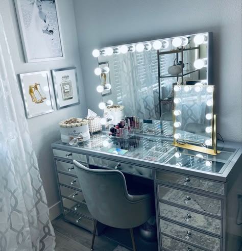 #vanitymirror #glamorous Pink Room Ideas, Room Inspo Ideas, Grey Vanity, Girl Apartment Decor, Silver Vanity, Mirrored Vanity, Glamourous Bedroom, Lay It Down, Luxury Room Bedroom