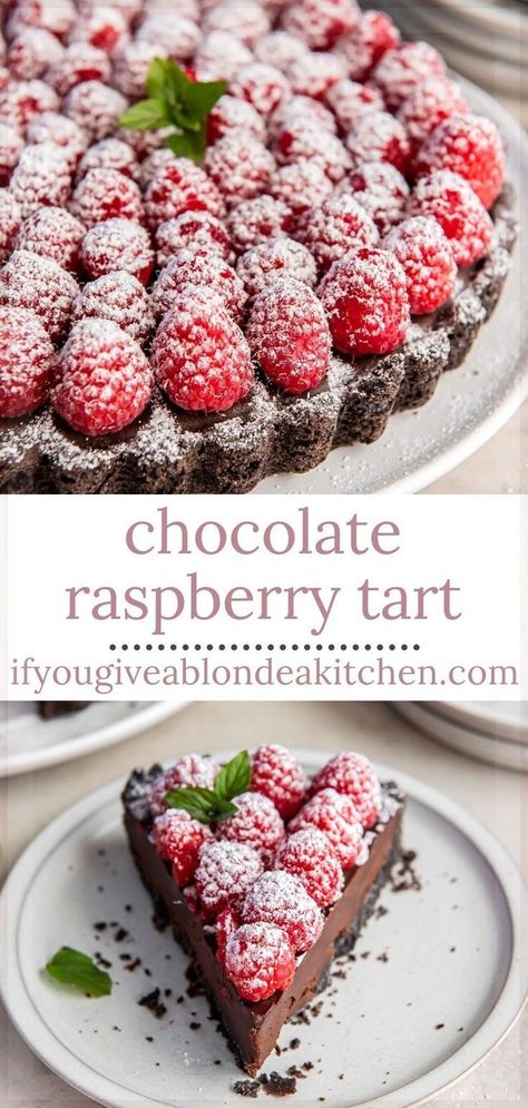 This chocolate raspberry tart is a must make for Valentine's Day! You only need 6 ingredients, and it may look professional, but it doesn’t require much work at all. The crust is done in 15 minutes and the filling is ready in 10. Then it just needs some time to set before serving! Deserts Recipes Valentines Day, Chocolate Desserts For Valentines Day, Valentines Pie Ideas, Simple Valentines Dessert, Valentines Day Desserts Fancy, Chocolate Valentine Desserts, Raspberry Chocolate Tart, Sweet Chips, Raspberry Tart Recipe