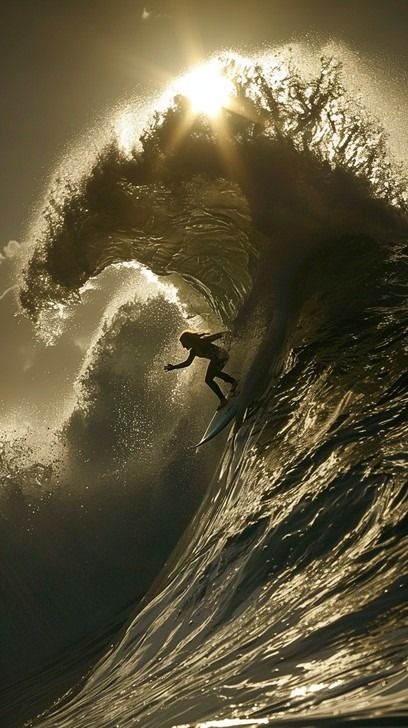 This breathtaking photograph captures a surfer daringly riding a giant wave, illuminated by the picturesque backdrop of the setting sun. The wave curves magnificently over the surfer, creating an awe-inspiring silhouette against the vibrant light of the sun peeking through the crest. The water sparkles with golden hues, as it mirrors the sun’s glow, offering a scene that encapsulates the thrill and beauty of surfing in perfect harmony with nature’s astounding display. Giant Waves, Sunset Surf, Large Waves, Christmas Landscape, Harmony With Nature, City Dog, The Setting Sun, Surf City, Ocean Scenes