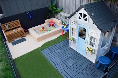 How to create an epic outdoor play area for kids - including a #kmarthack cubby house and DIY sandpit Outdoor Small Spaces Ideas, Artificial Turf Play Area, Outdoor Play Areas Small Space, Backyard Play Area For Kids Landscaping, Small Outdoor Kids Play Area, Outdoor Play Spaces Diy, Outdoor Toddler Play Area, Camp Playroom, Diy Sandpit